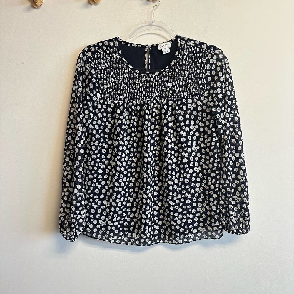 J. Crew Factory Smocked Floral Long Sleeve Top Size 2 Blue White Flowy